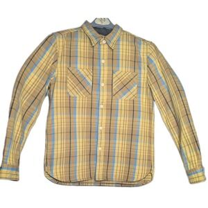 The Flat Head Flannel Shirt Mens XL 42 Yellow Blue Excellent Plaid Made in Japan